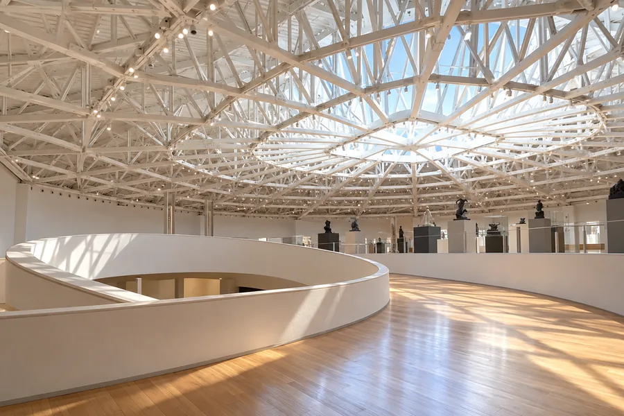 Skulpturen unter der weißen Oberlichtkonstruktion im obersten Ausstellungsraum des Museo Soumaya