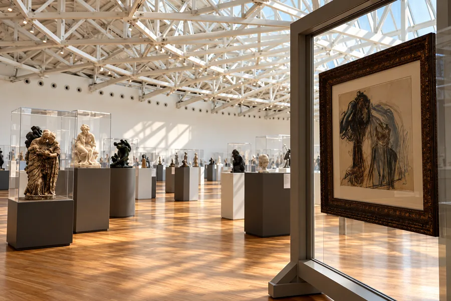 Oprawione dzieło sztuki i ekspozycja rzeźb w galerii na najwyższym piętrze Museo Soumaya