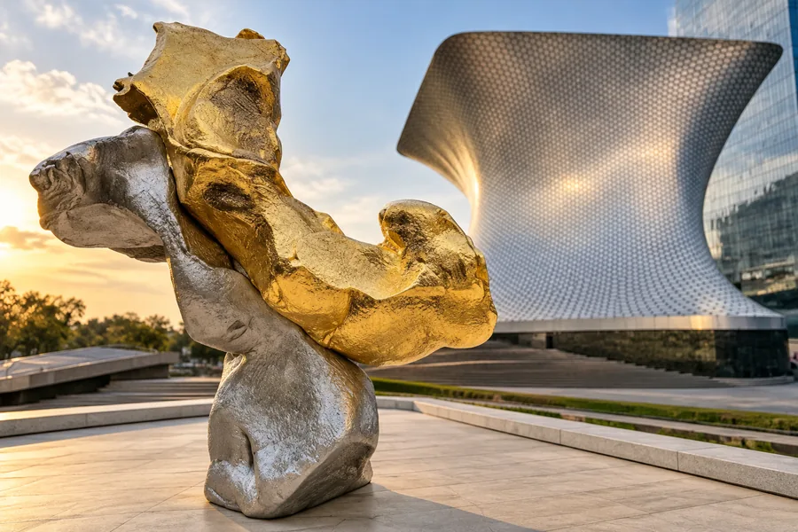 Die surrealistische Skulptur „Profil der Zeit“ mit dem Museo Soumaya im Hintergrund