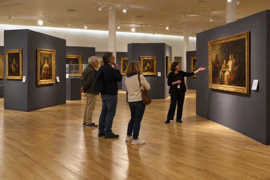 Eine kleine Gruppe betrachtet bei einer Führung gerahmte Gemälde im Museo Soumaya