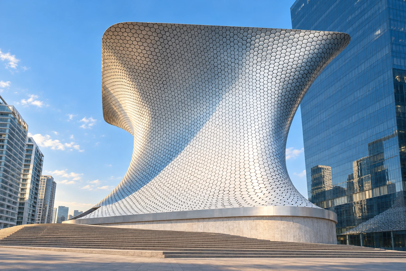 Srebrzysta fasada Museo Soumaya z sześciokątnych paneli nad pustym placem w łagodnym porannym świetle